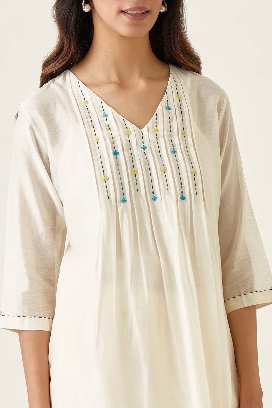 Off-White Pin Tuck Embroidered Kurta & Pant Set