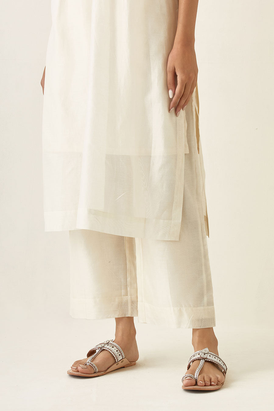 Off-White Pin Tuck Embroidered Kurta & Pant Set