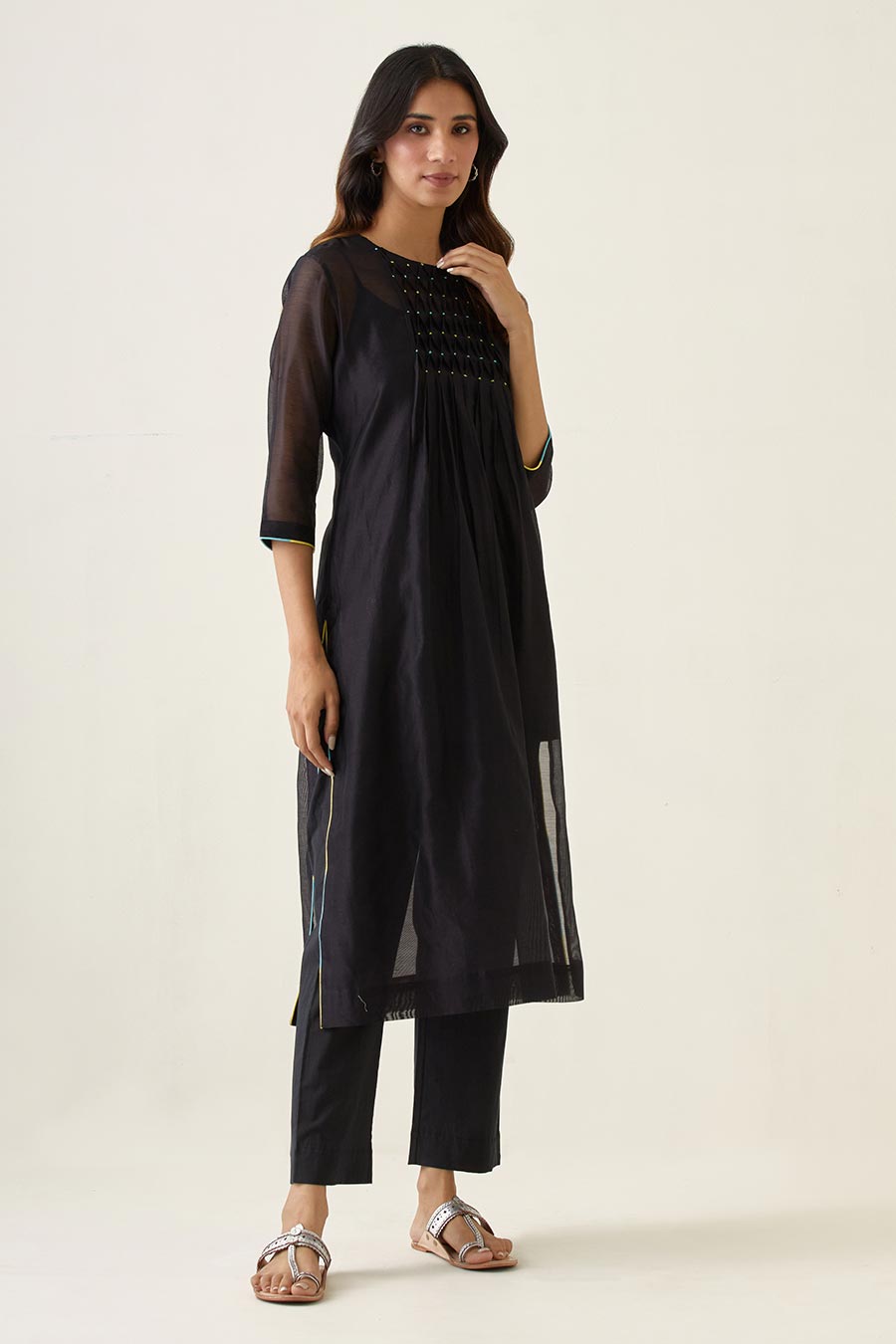 Black Smocking Kurta with Pants & Multicolour Dupatta Set