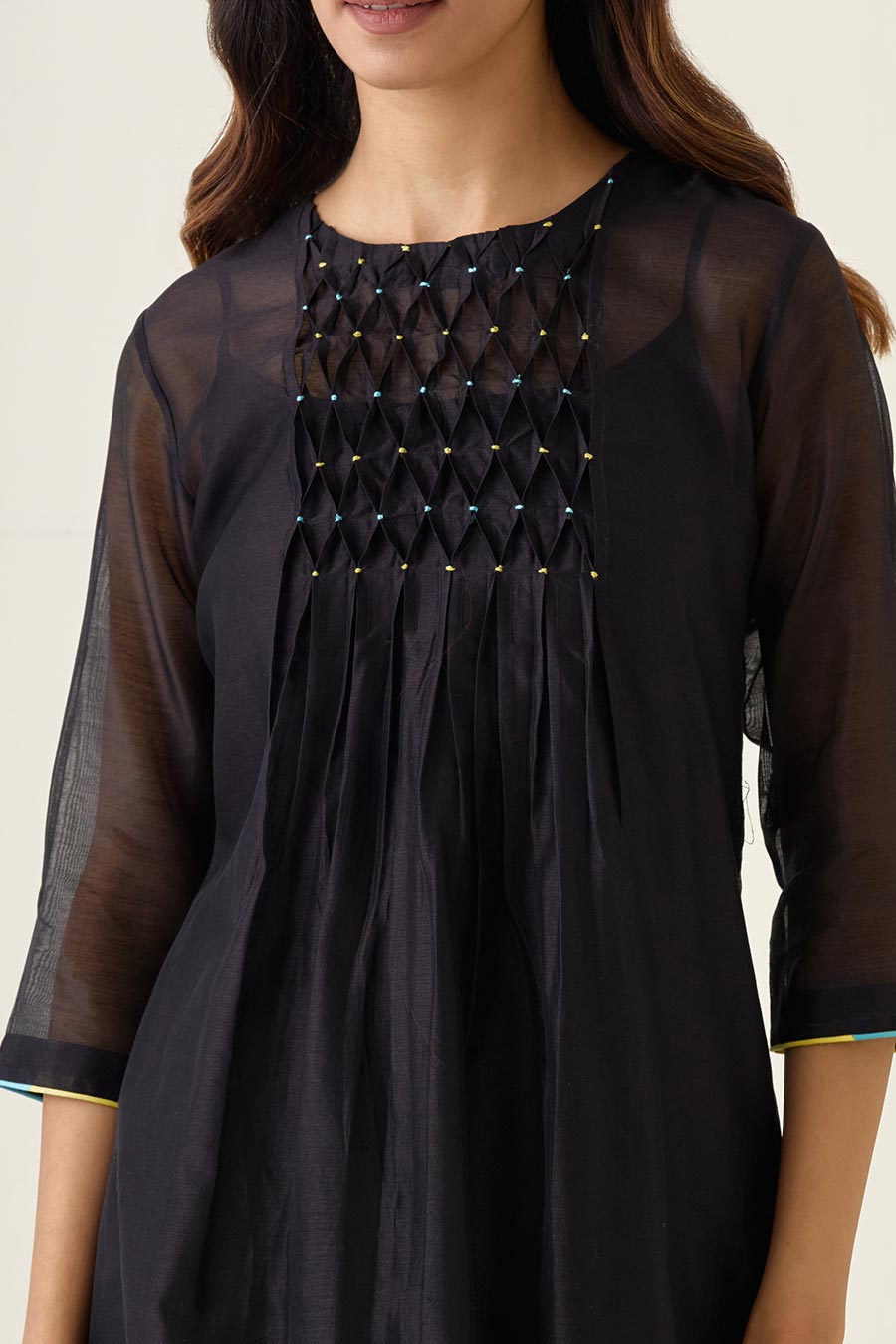 Black Smocking Kurta with Pants & Multicolour Dupatta Set