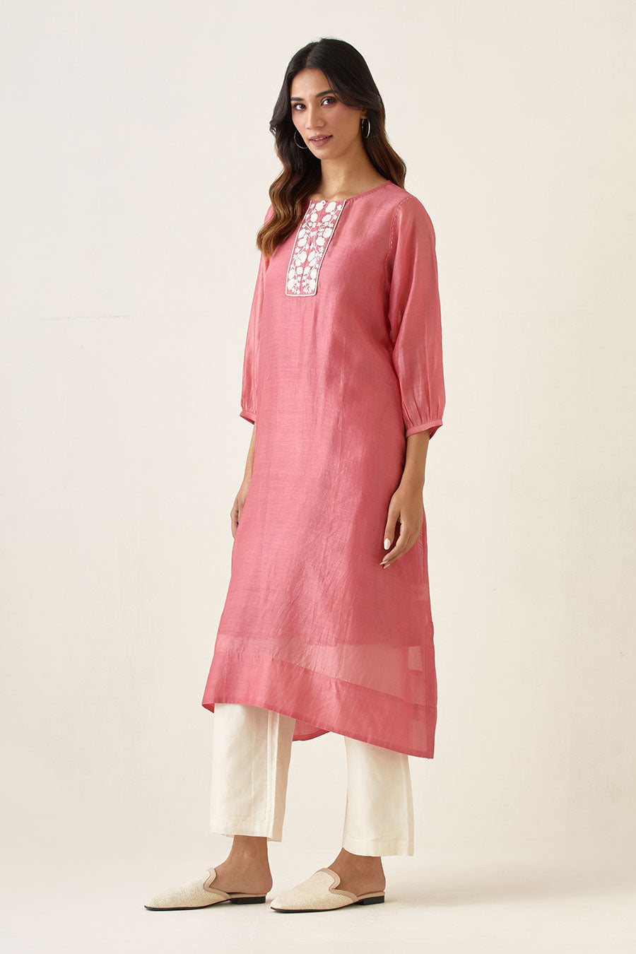 Pink Chanderi Kurta & Ivory Pant Set