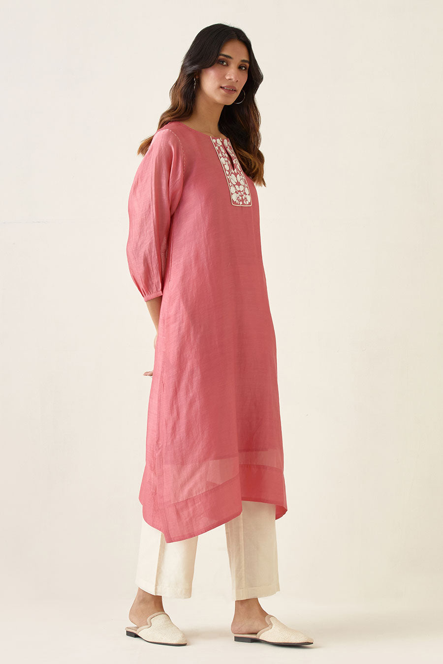Pink Chanderi Kurta & Ivory Pant Set