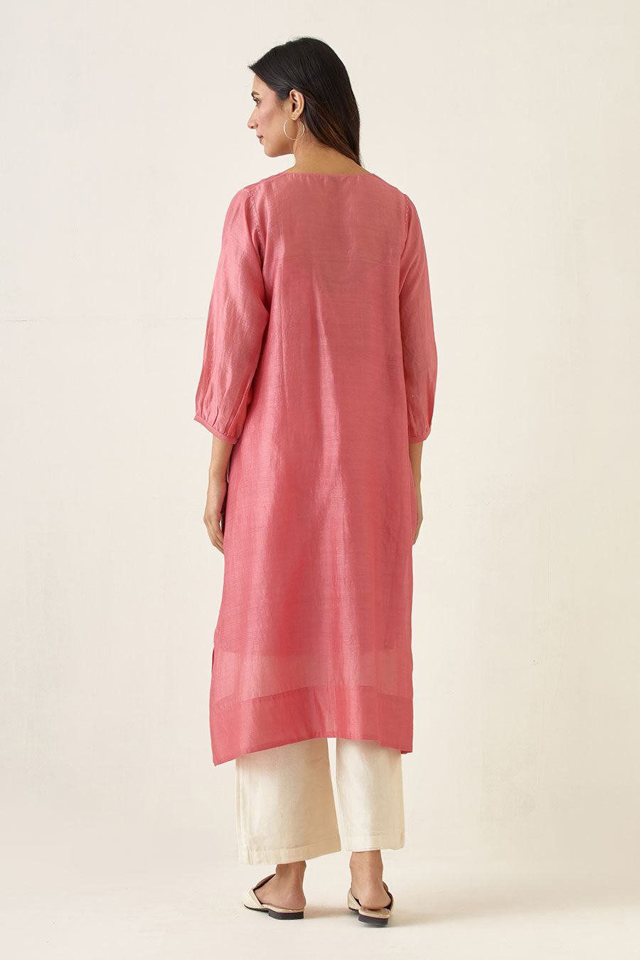 Pink Chanderi Kurta & Ivory Pant Set