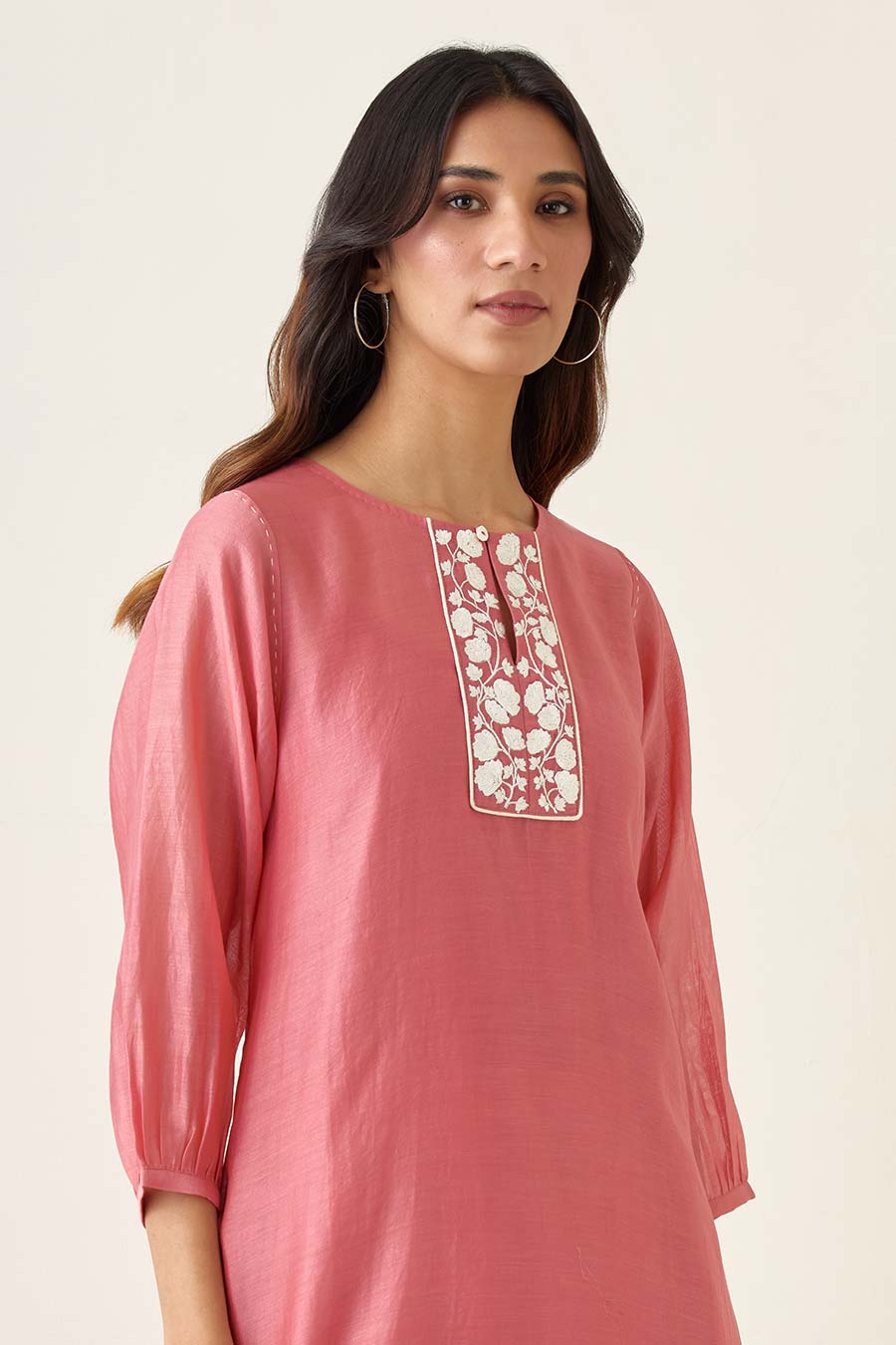 Pink Chanderi Kurta & Ivory Pant Set