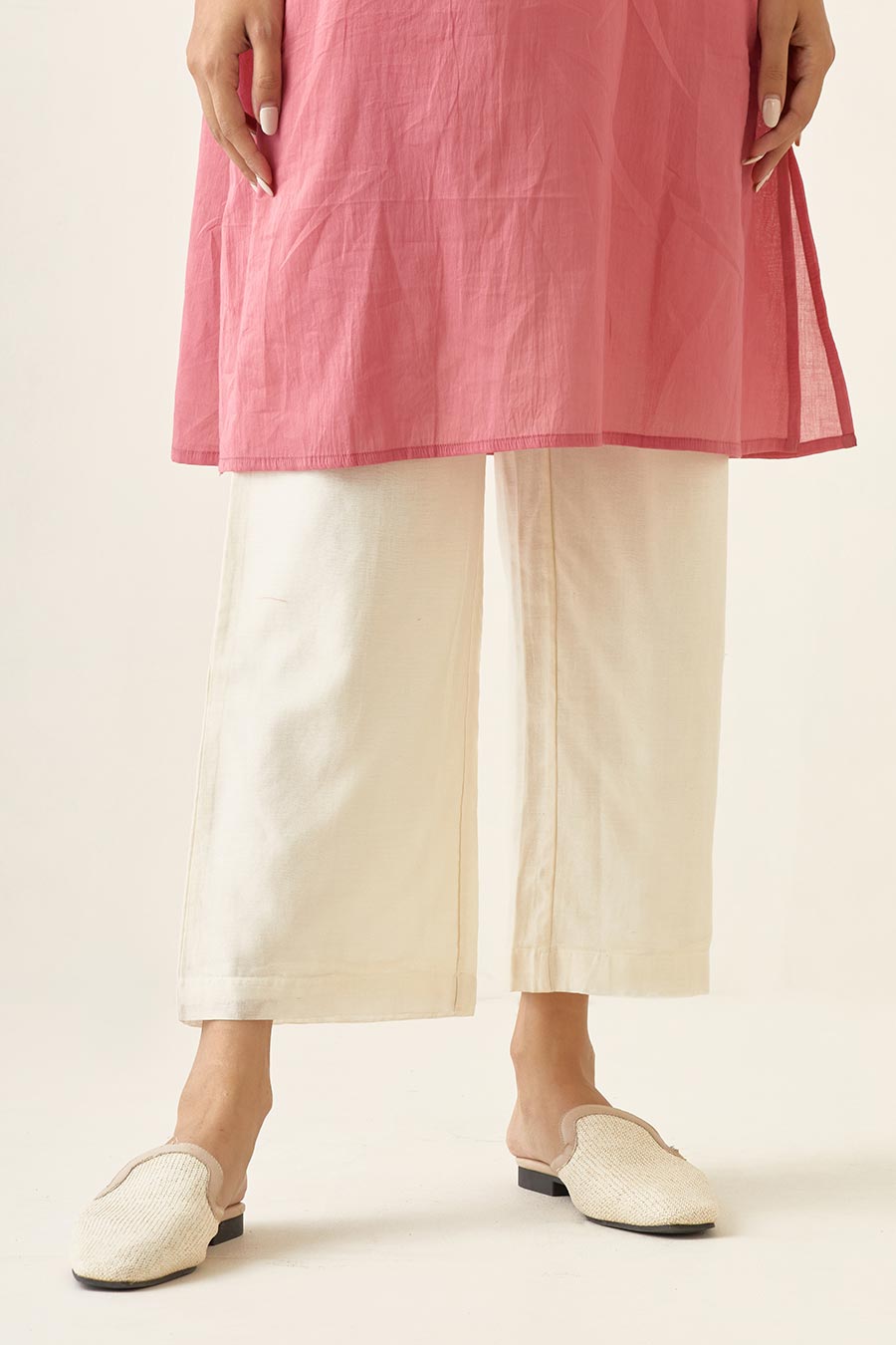 Pink Chanderi Kurta & Ivory Pant Set