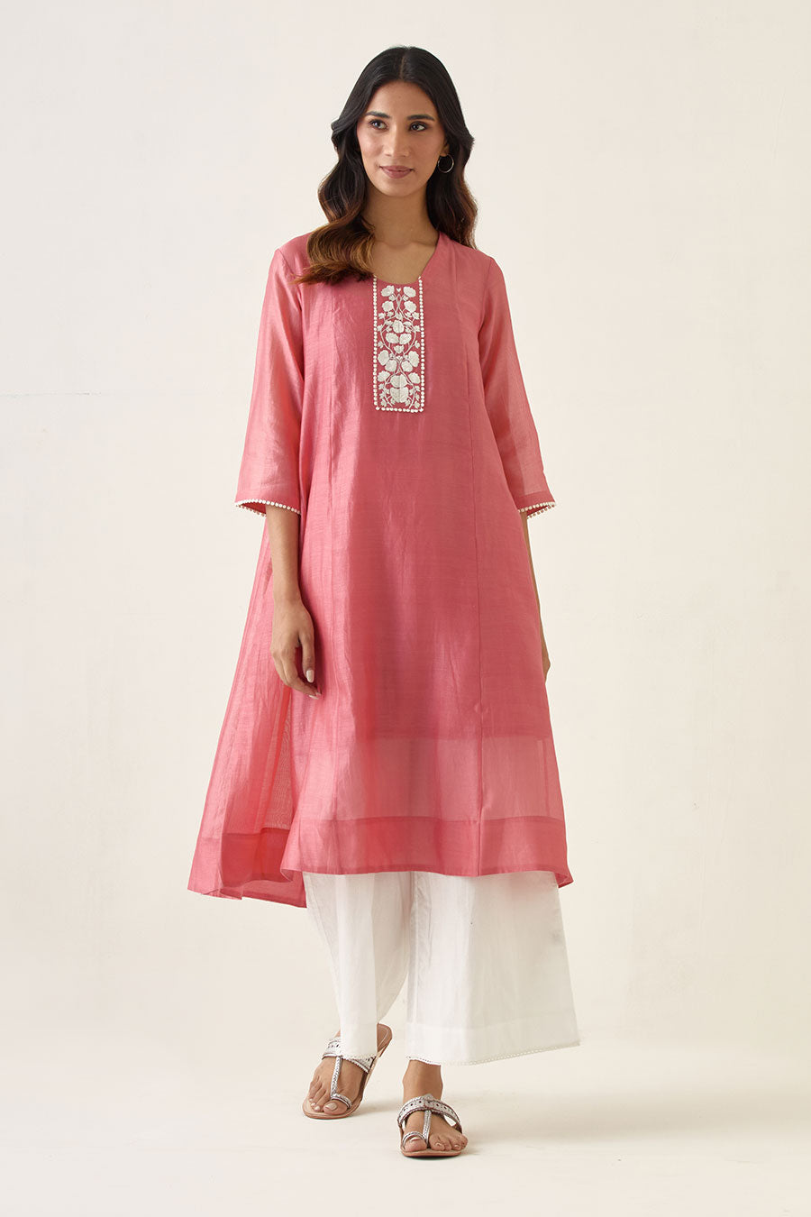 Rose Pink Embroidered Kalidar Kurta Set