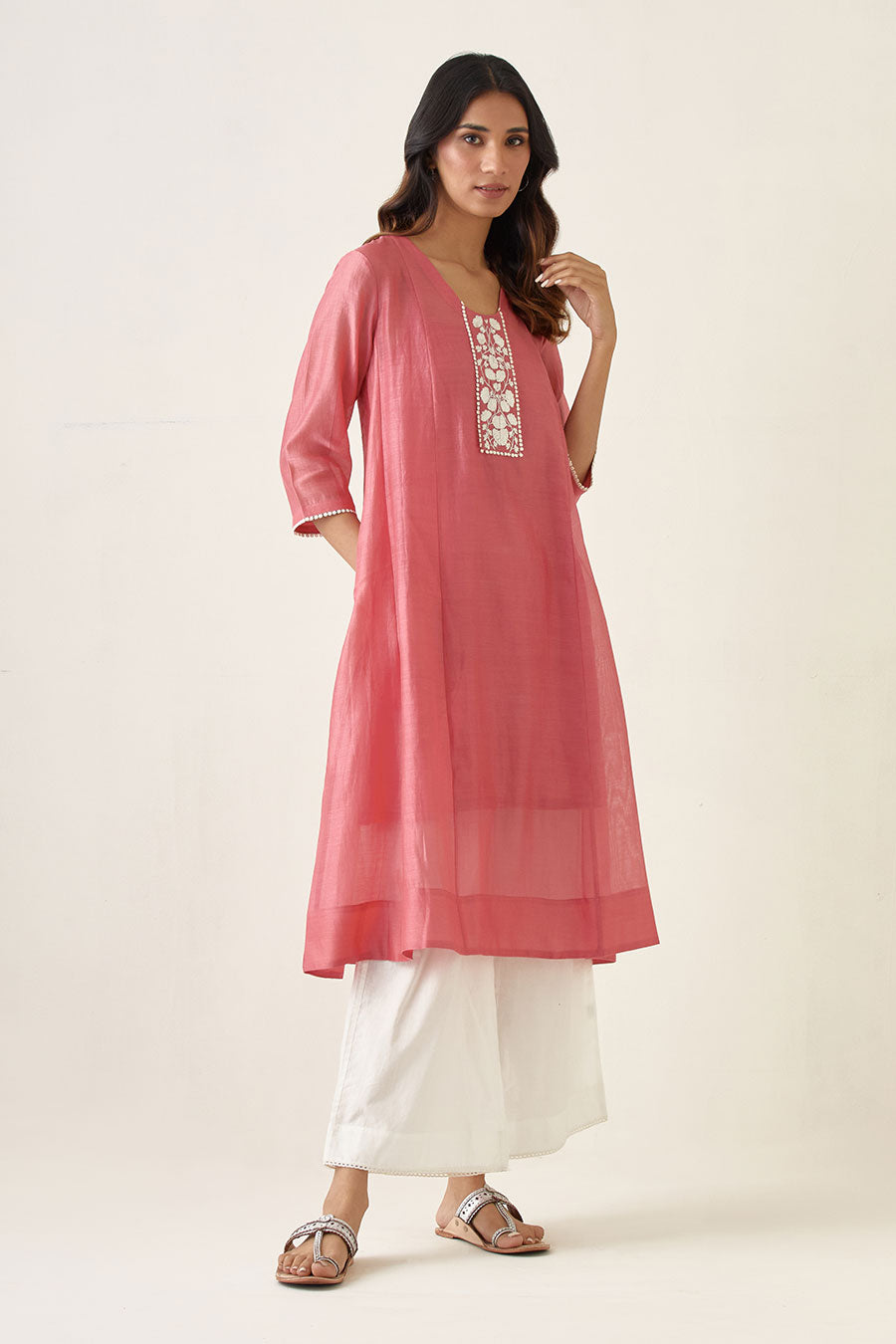 Rose Pink Embroidered Kalidar Kurta Set