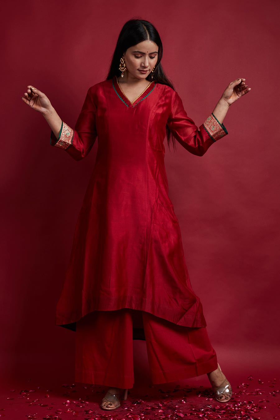 Red High-Low Kurta & Palazzo Set