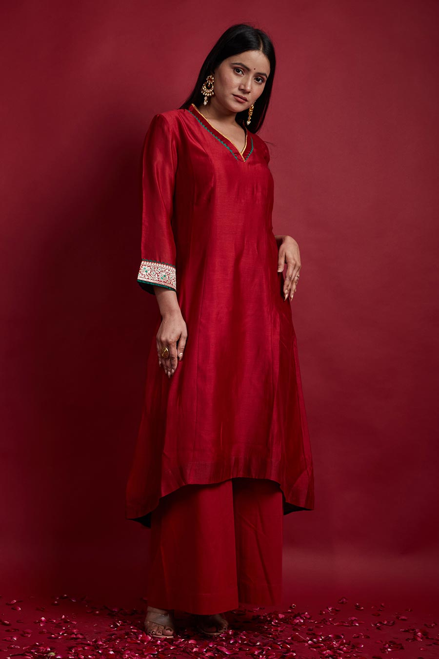 Red High-Low Kurta Set