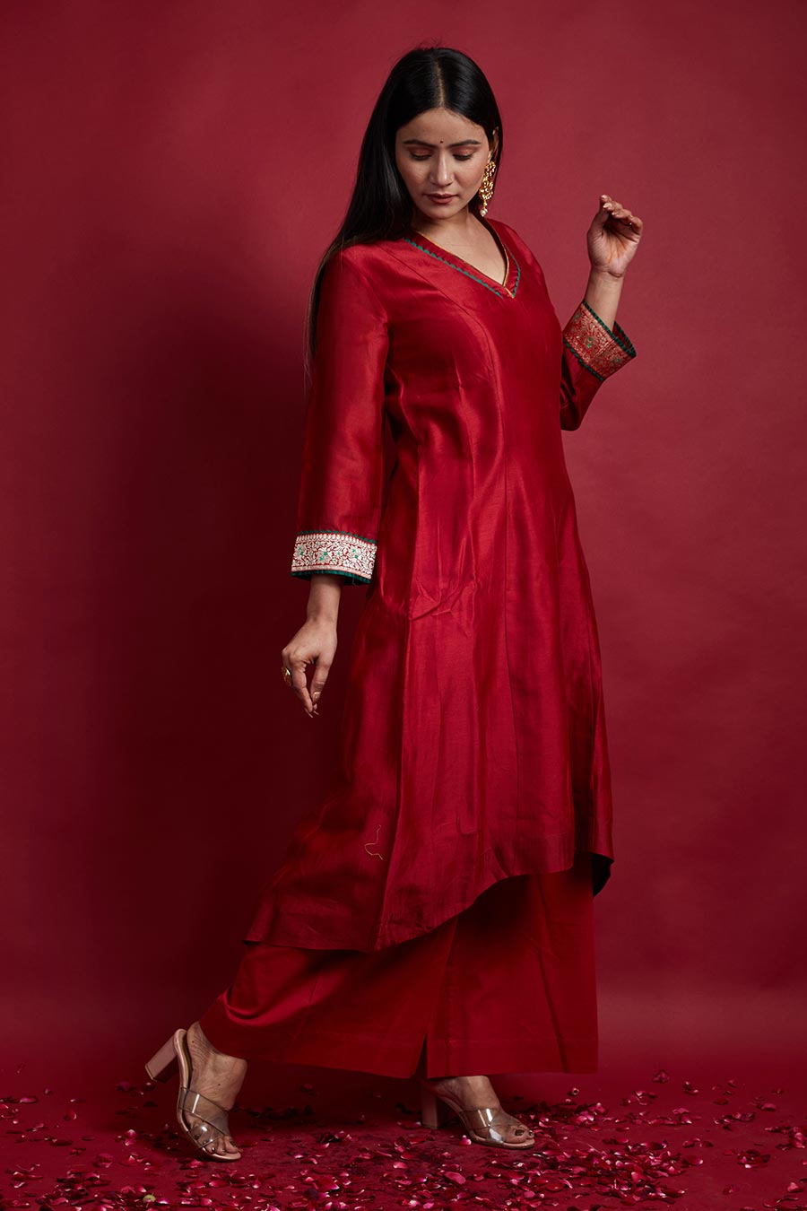 Red High-Low Kurta Set