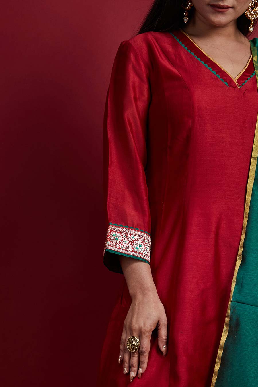 Red High-Low Kurta Set