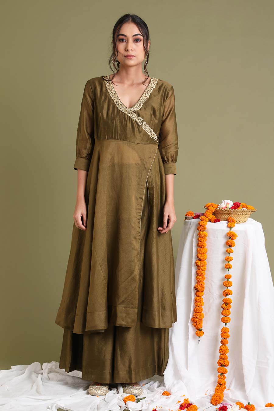 Tobacco Brown Embroidered High Slit Anarkali & Palazzo Set