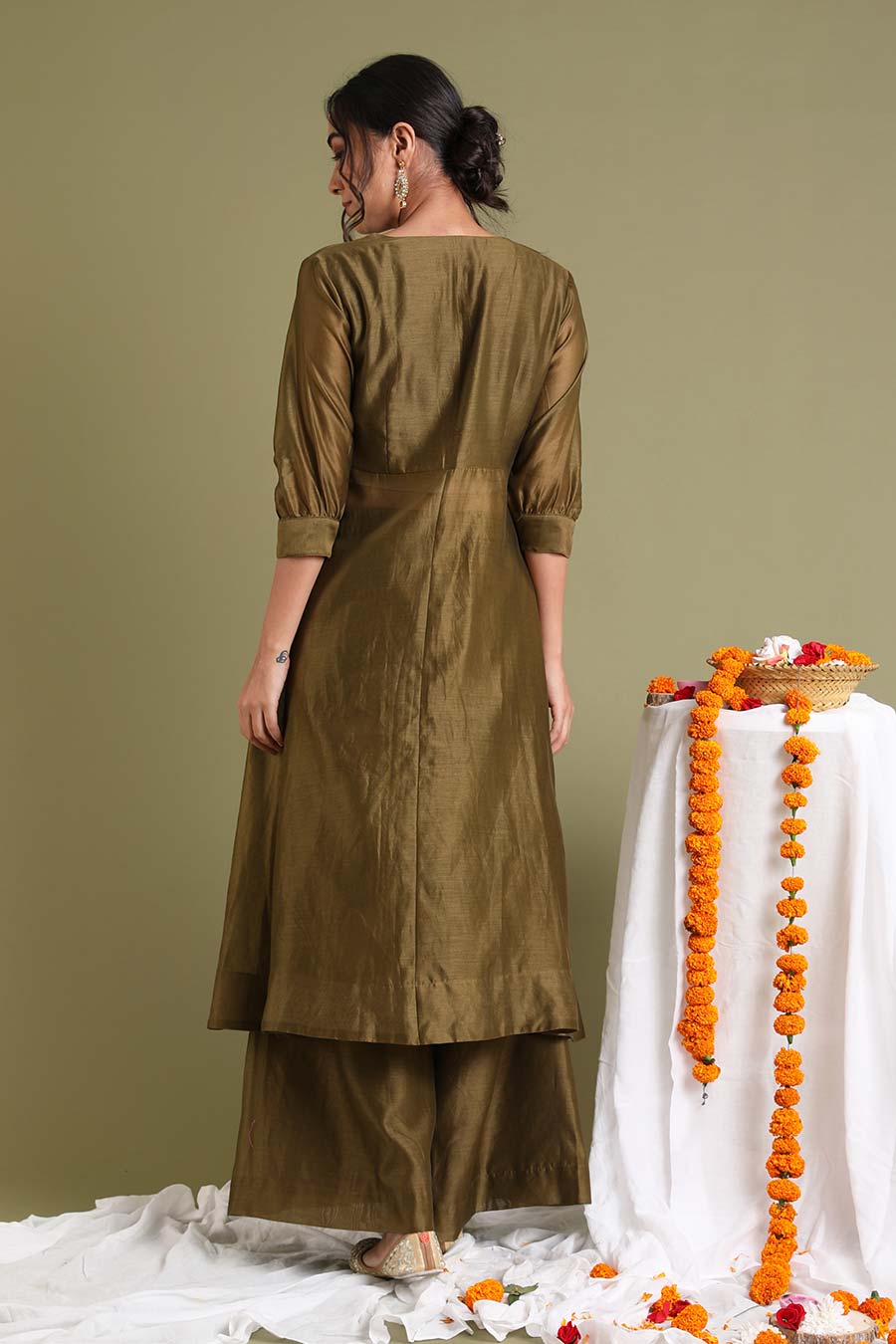 Tobacco Brown Embroidered High Slit Anarkali & Palazzo Set