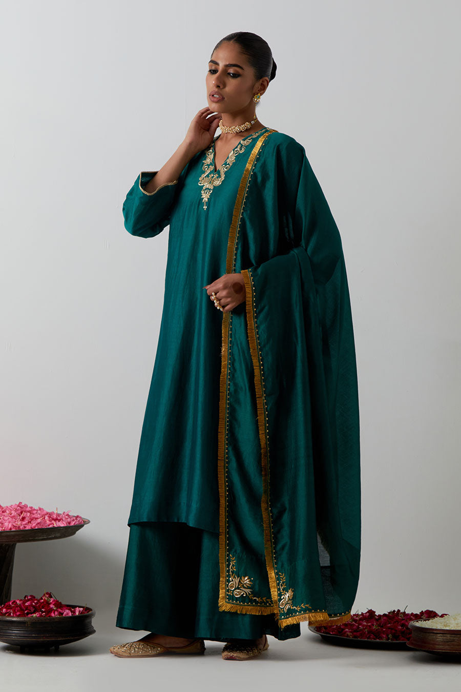 Deep Green Embroidered Chanderi Kurta Set