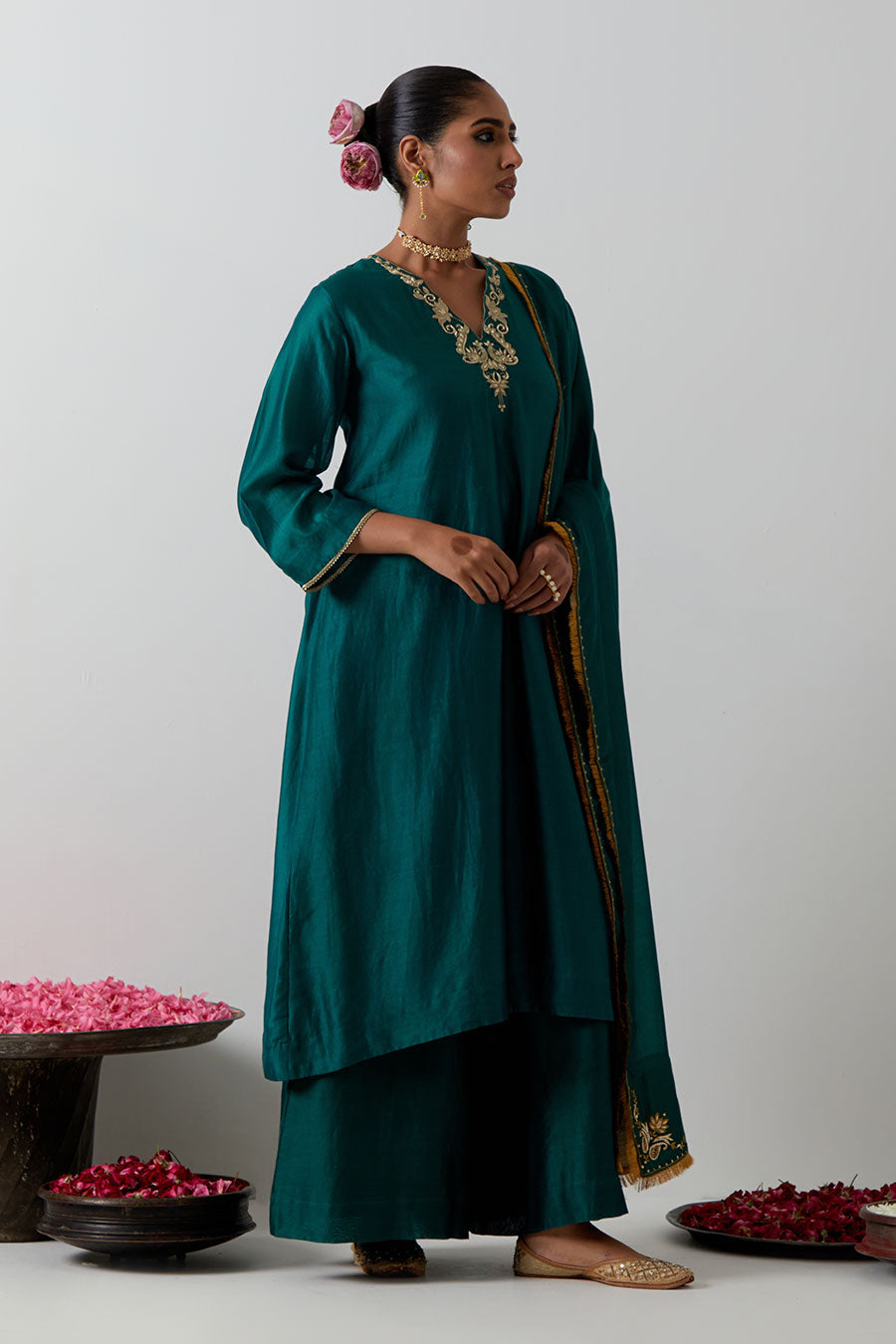 Deep Green Embroidered Chanderi Kurta Set
