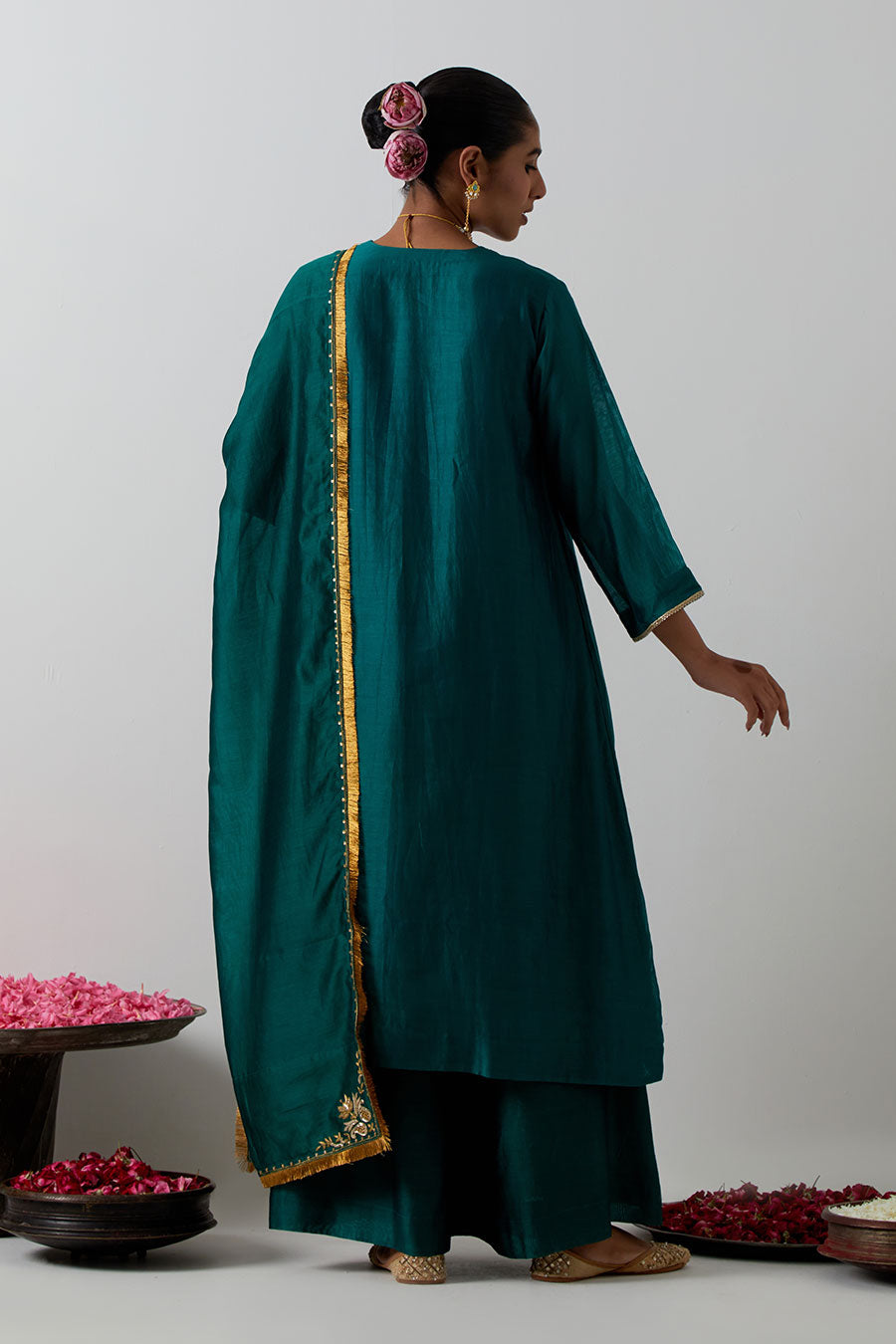 Deep Green Embroidered Chanderi Kurta Set