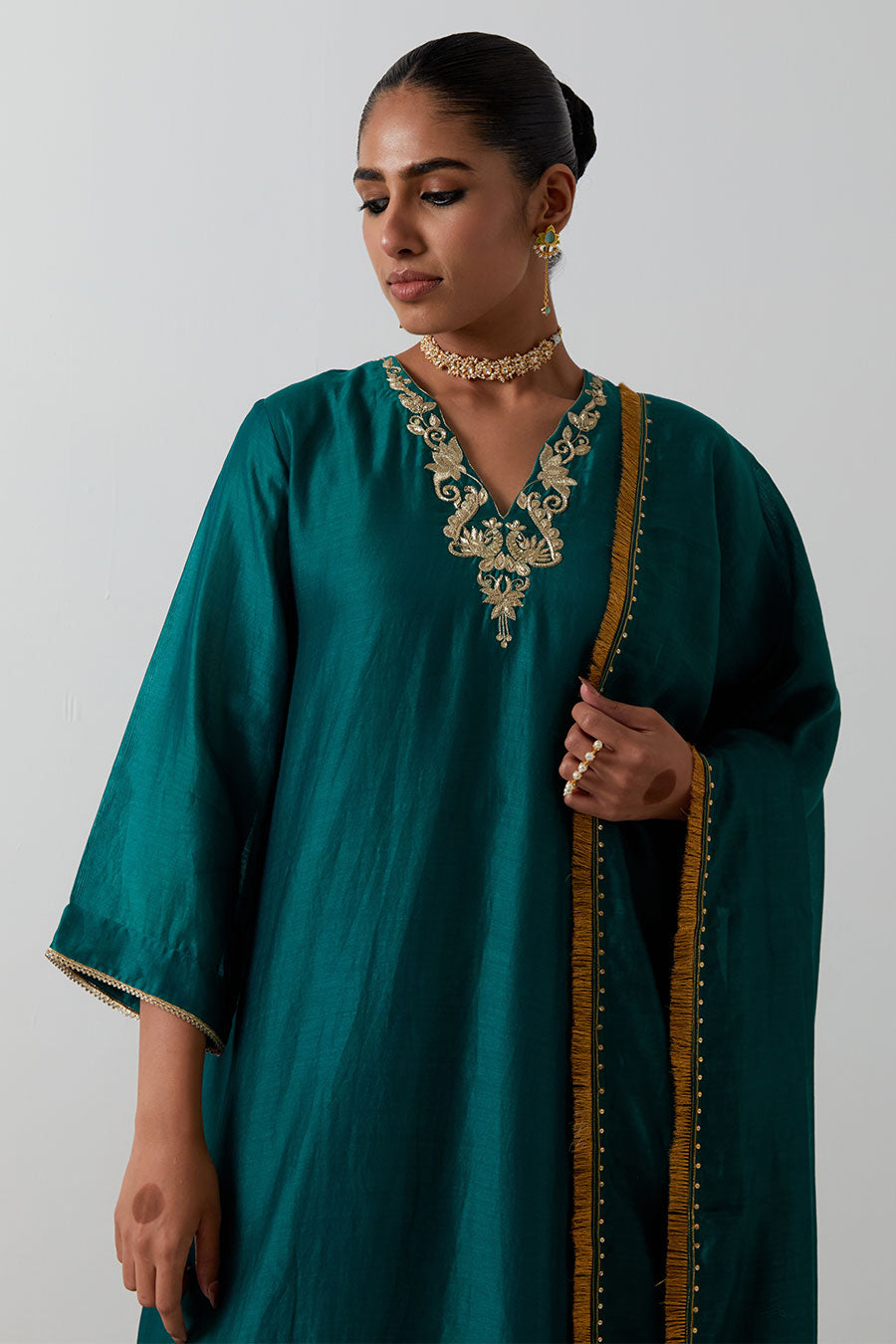 Deep Green Embroidered Chanderi Kurta Set