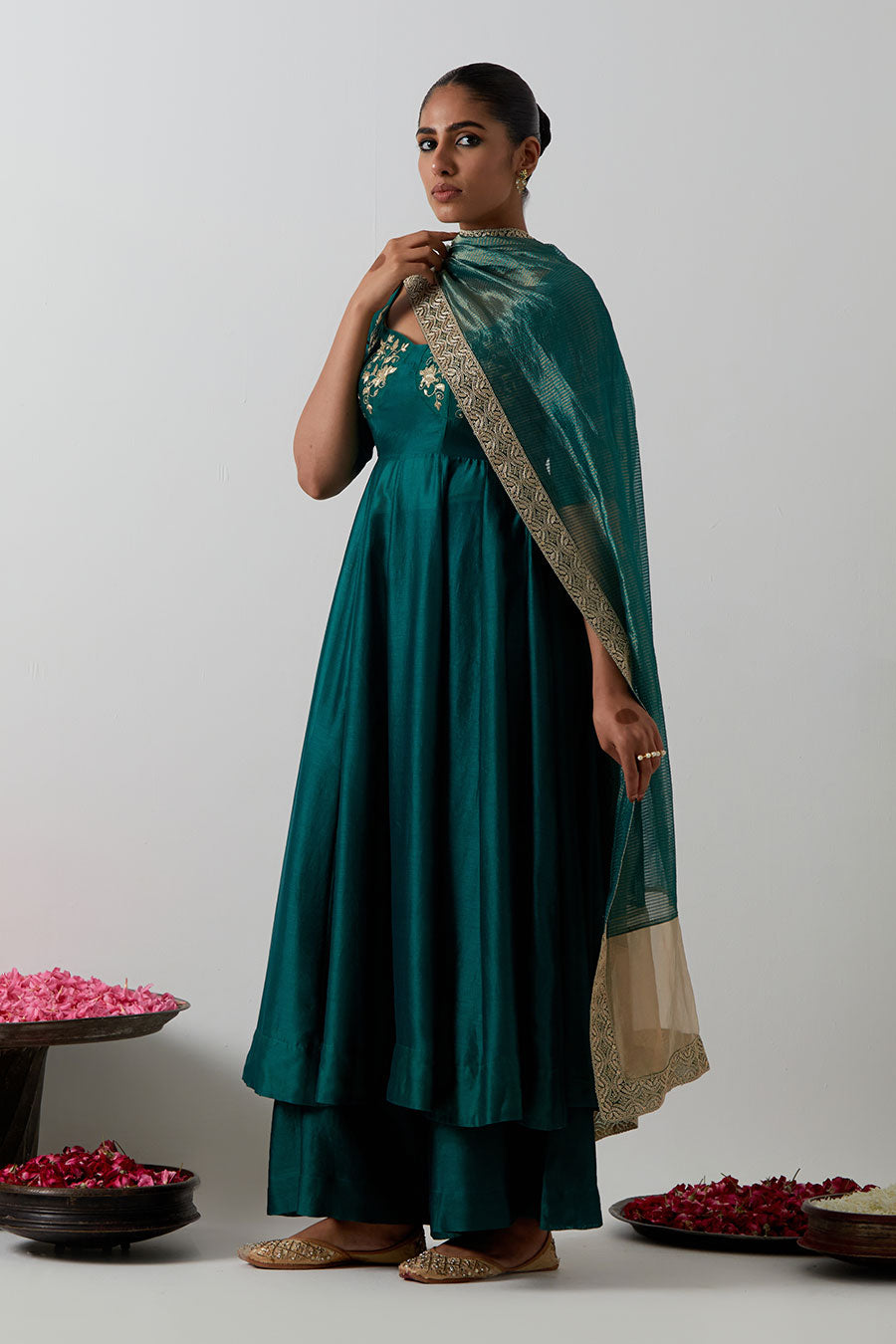Deep Green Embroidered Chanderi Anarkali Set