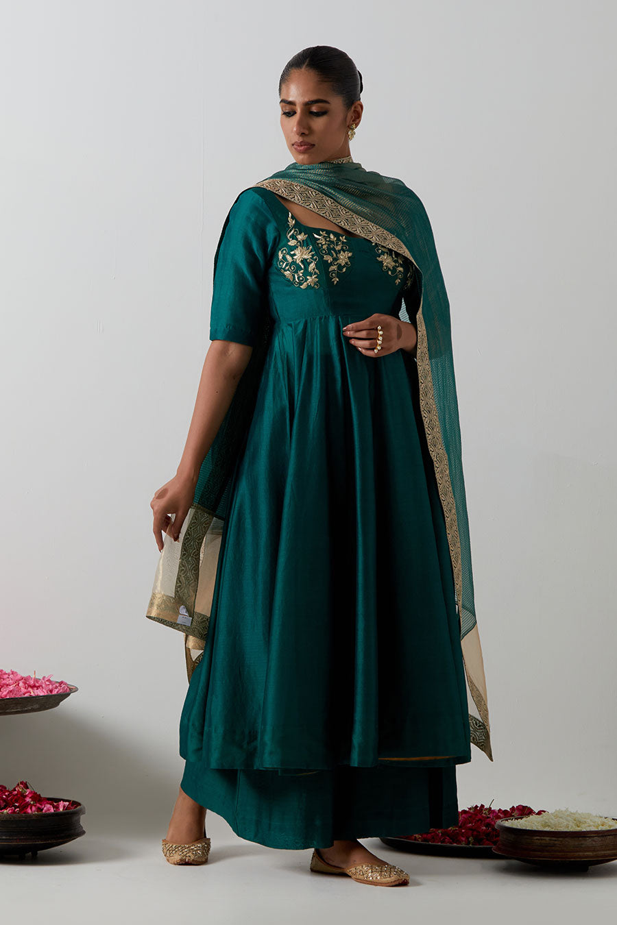 Deep Green Embroidered Chanderi Anarkali Set