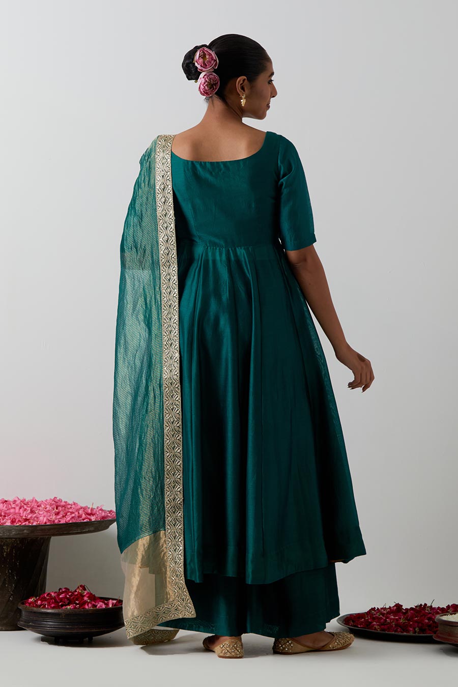 Deep Green Embroidered Chanderi Anarkali Set