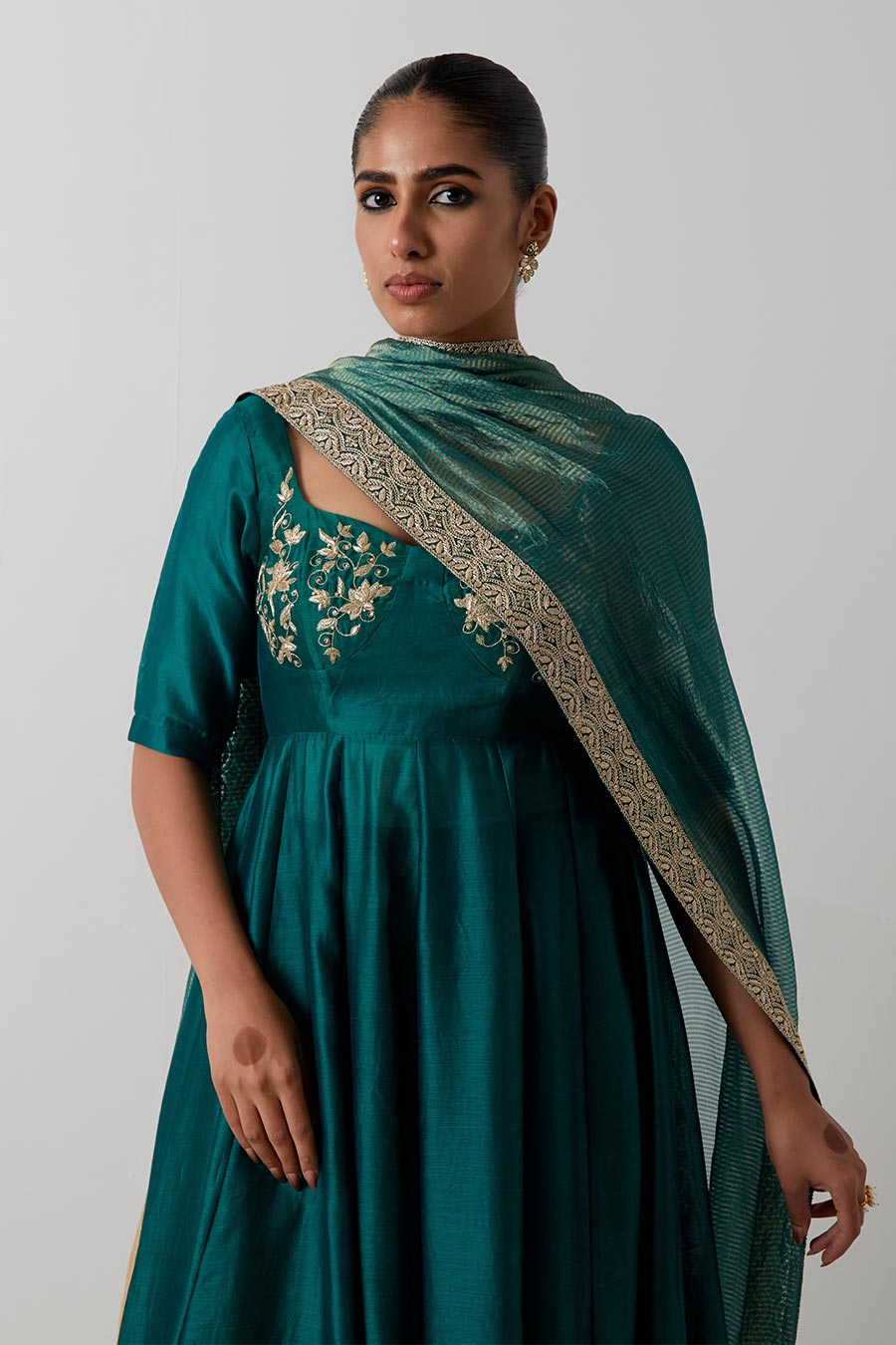 Deep Green Embroidered Chanderi Anarkali Set