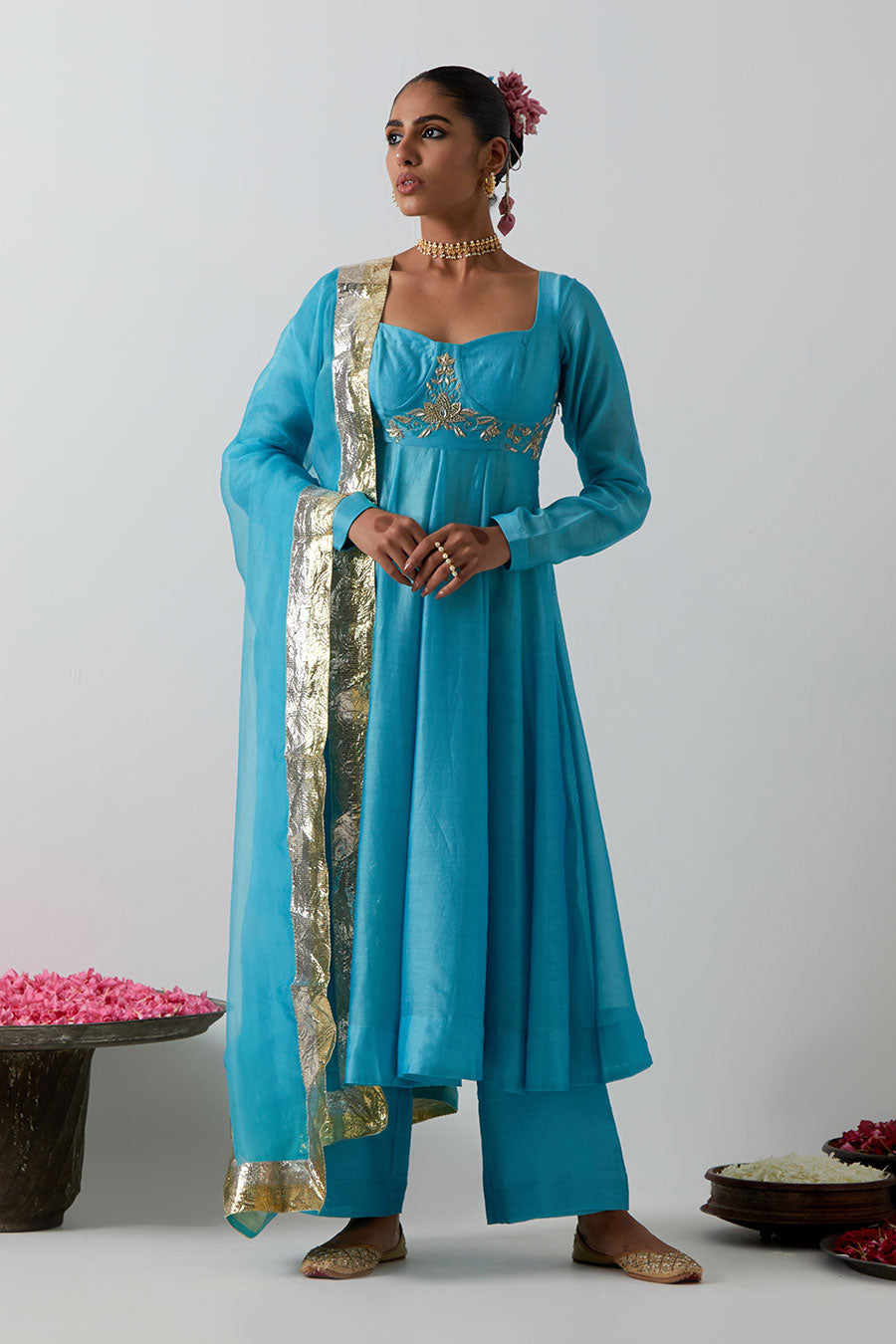 Sky Blue Embellished Chanderi Silk Anarkali Set