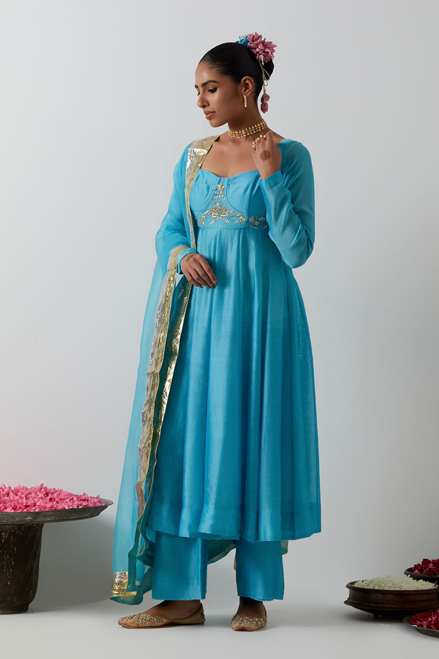 Sky Blue Embellished Chanderi Silk Anarkali Set