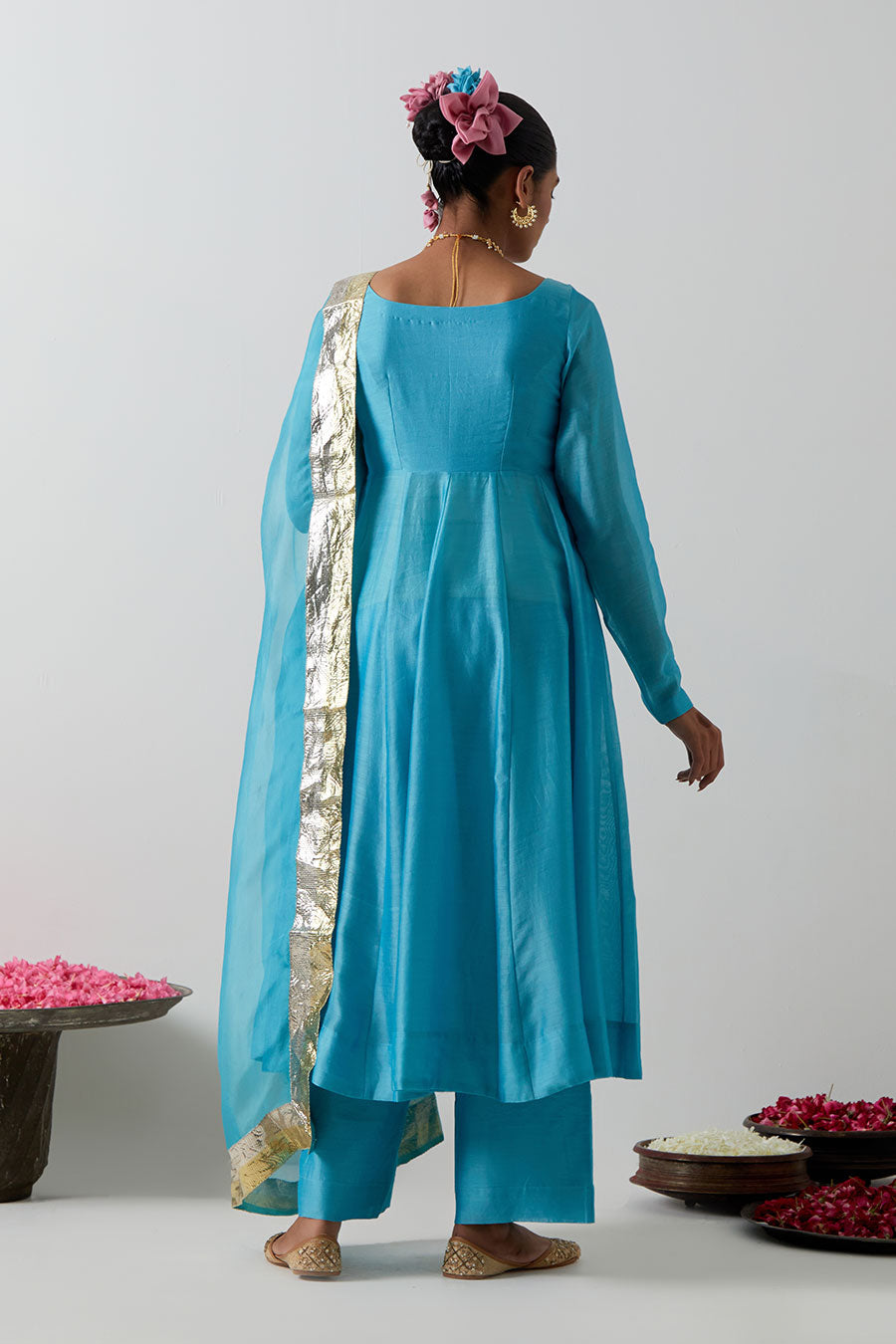 Sky Blue Embellished Chanderi Silk Anarkali Set