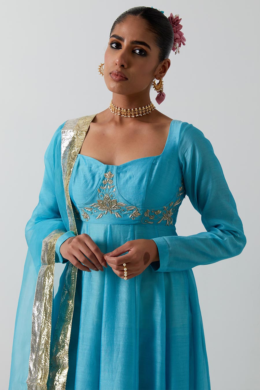 Sky Blue Embellished Chanderi Silk Anarkali Set