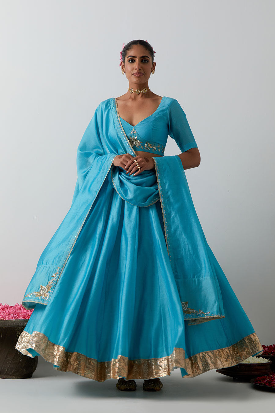 Sky Blue Embellished Chanderi Silk Lehenga Set