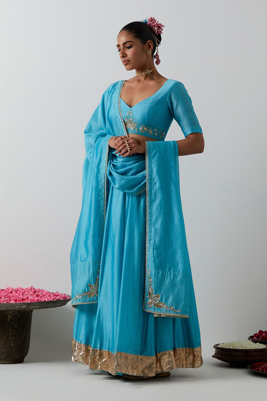 Sky Blue Embellished Chanderi Silk Lehenga Set