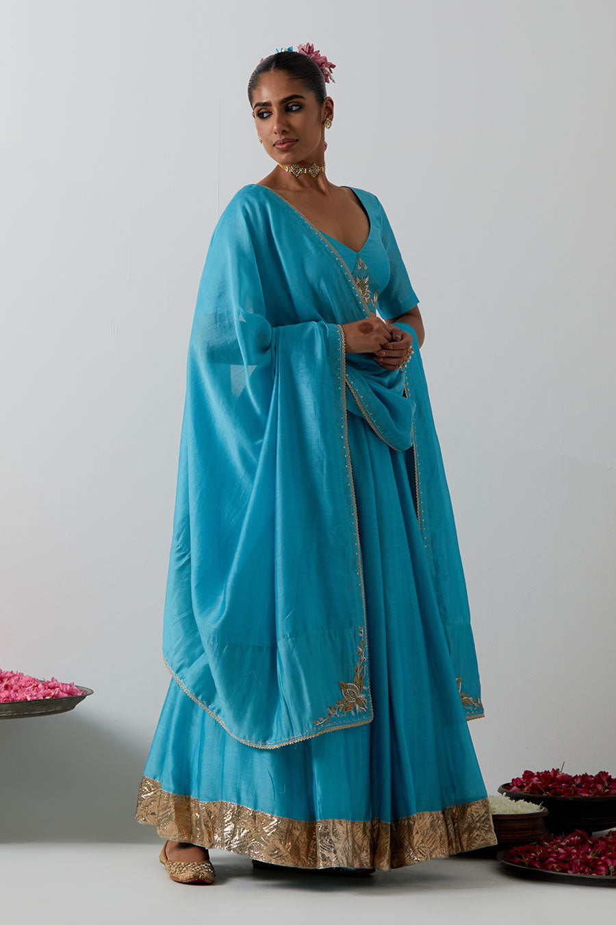 Sky Blue Embellished Chanderi Silk Lehenga Set