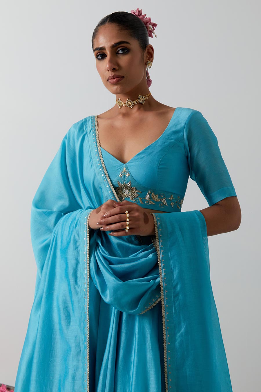 Sky Blue Embellished Chanderi Silk Lehenga Set