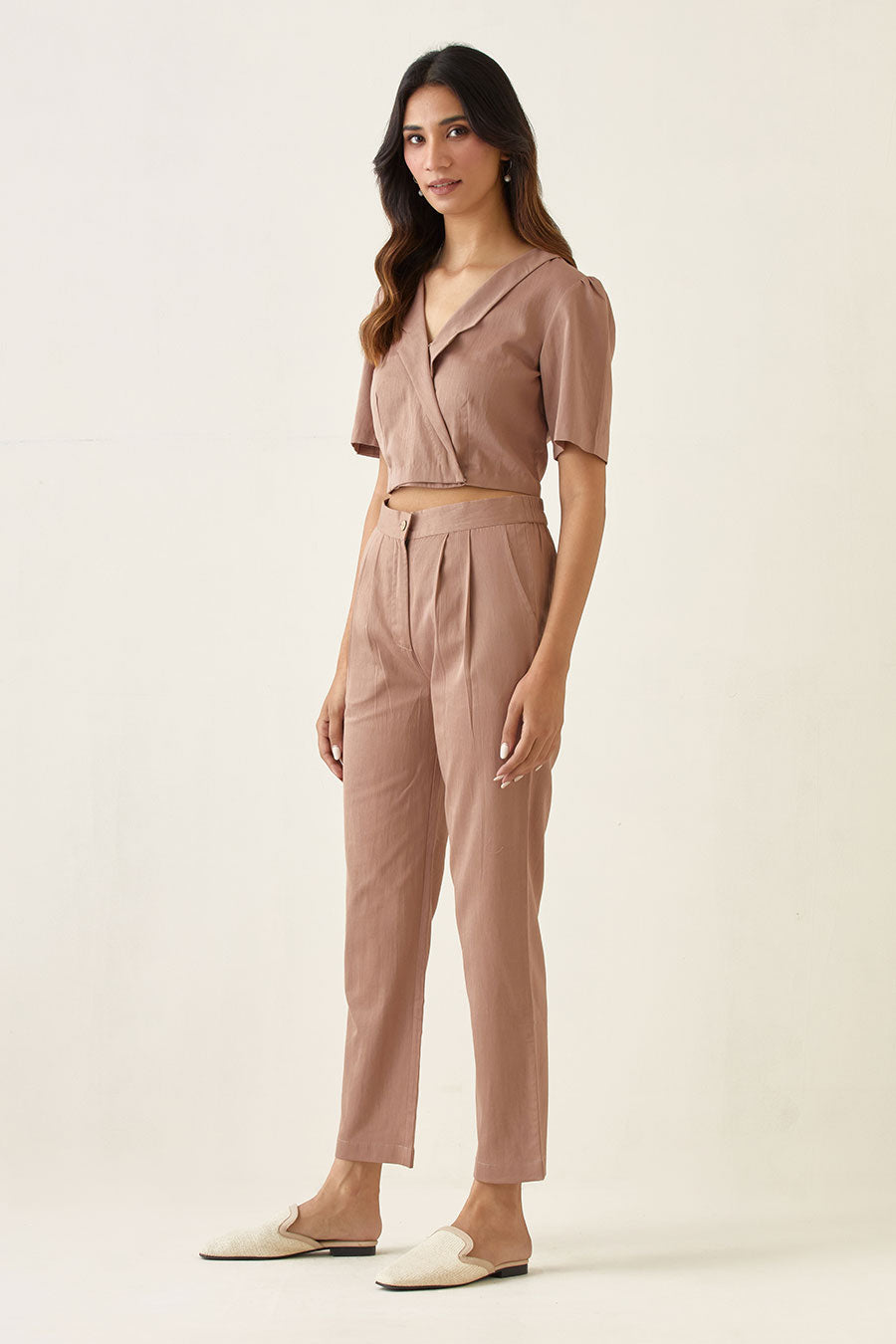 Taupe Crop Top with Pleated Pant Co-ord Set