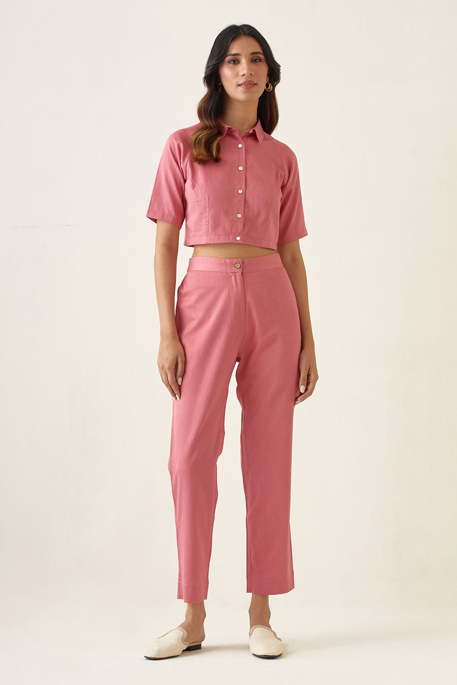 Rose Pink Crop Top with Pleated Pant Co-ord Set