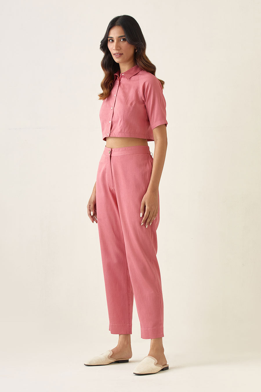 Rose Pink Crop Top with Pleated Pant Co-ord Set