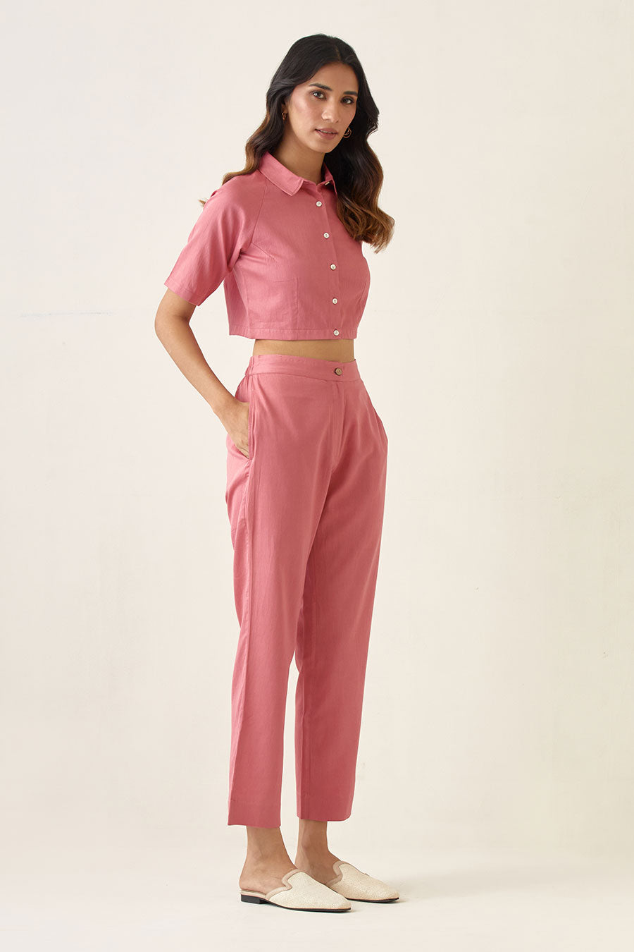 Rose Pink Crop Top with Pleated Pant Co-ord Set