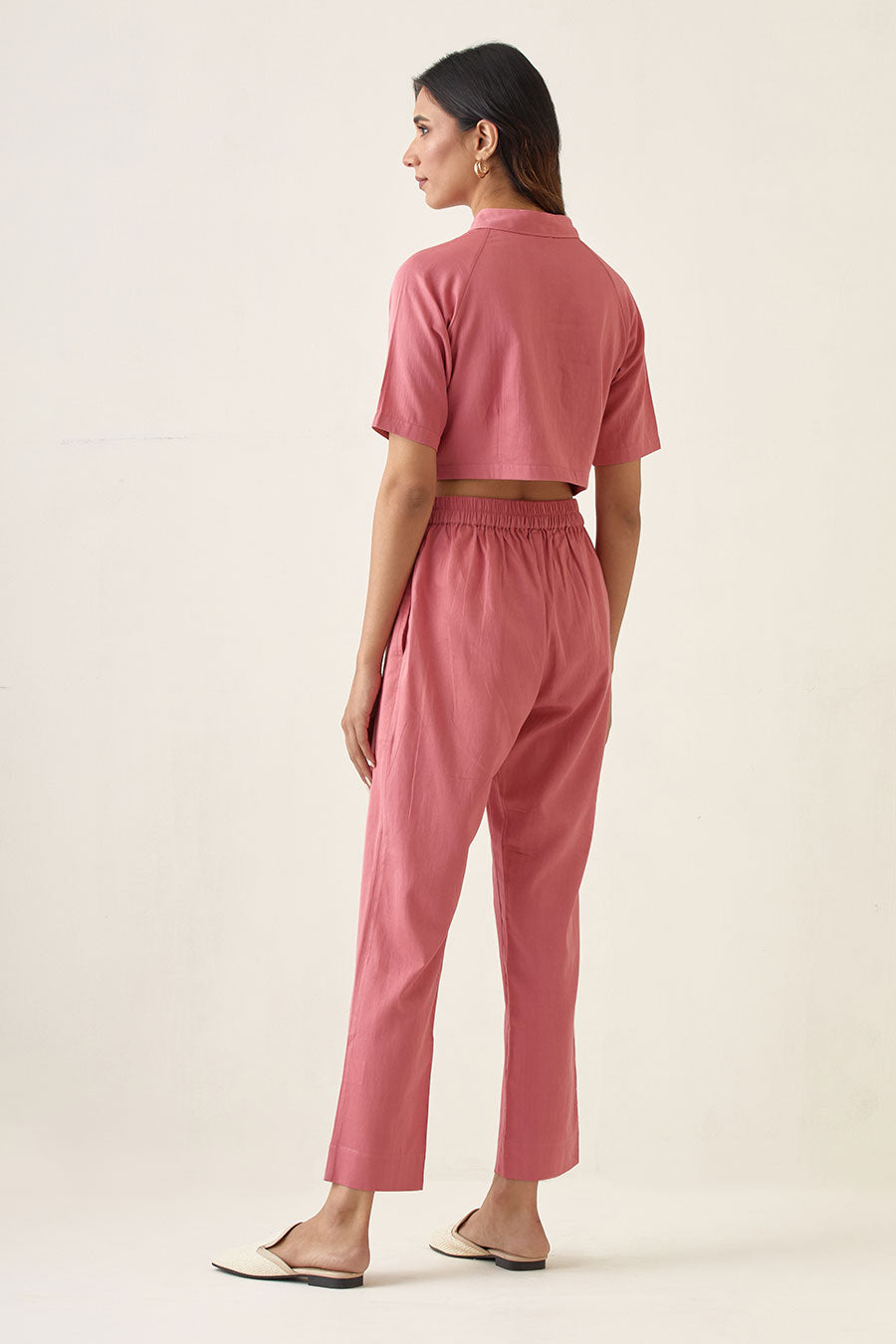 Rose Pink Crop Top with Pleated Pant Co-ord Set