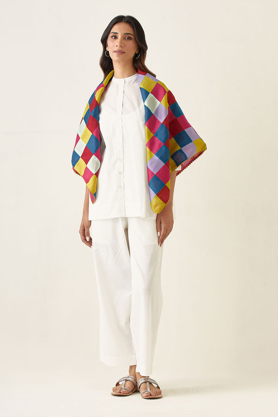 White Shirt with Pants & Multicoloured Scarf Co-ord Set