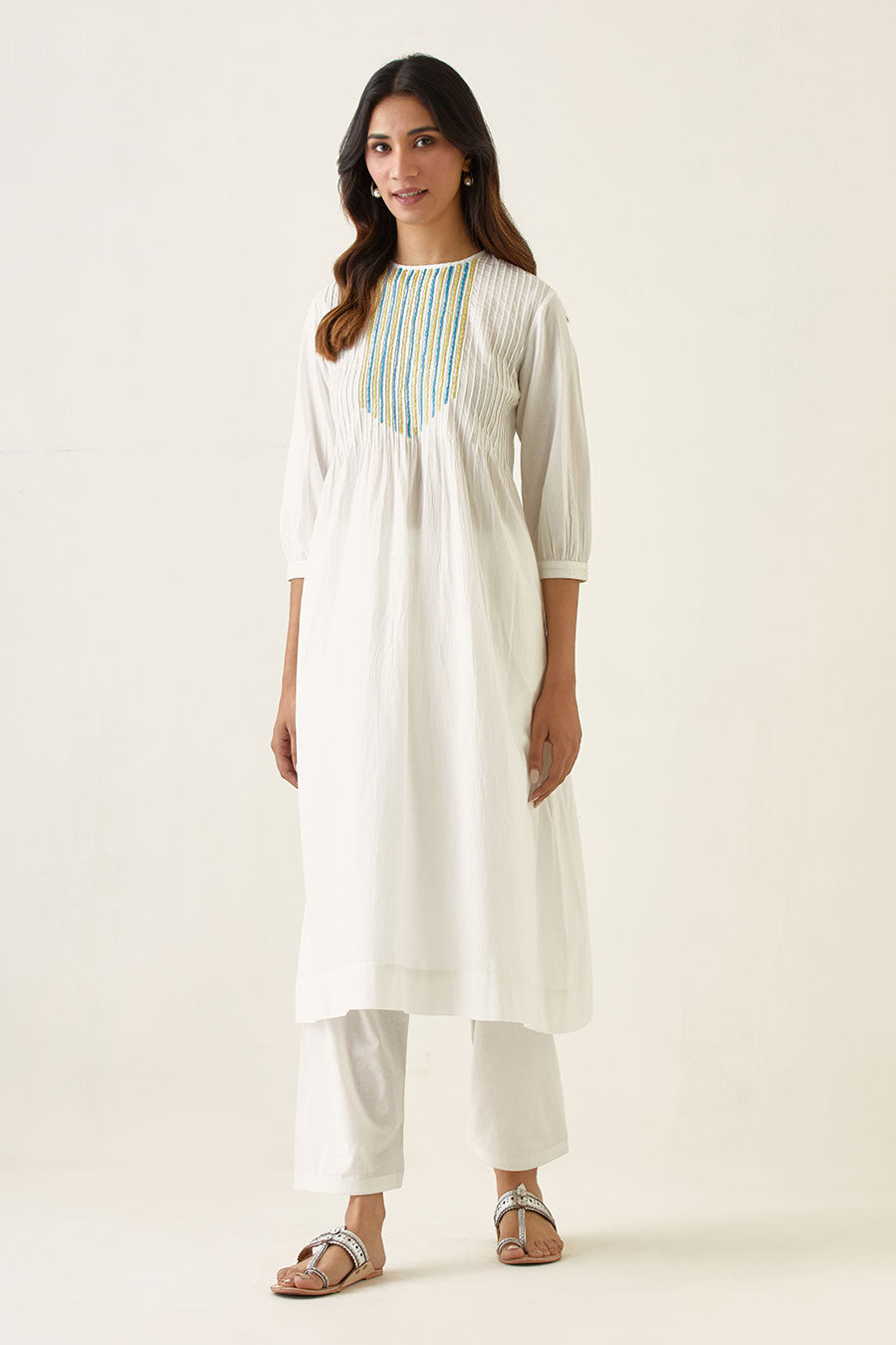 White Embroidered Pin Tucks Kurta & Salwar Set