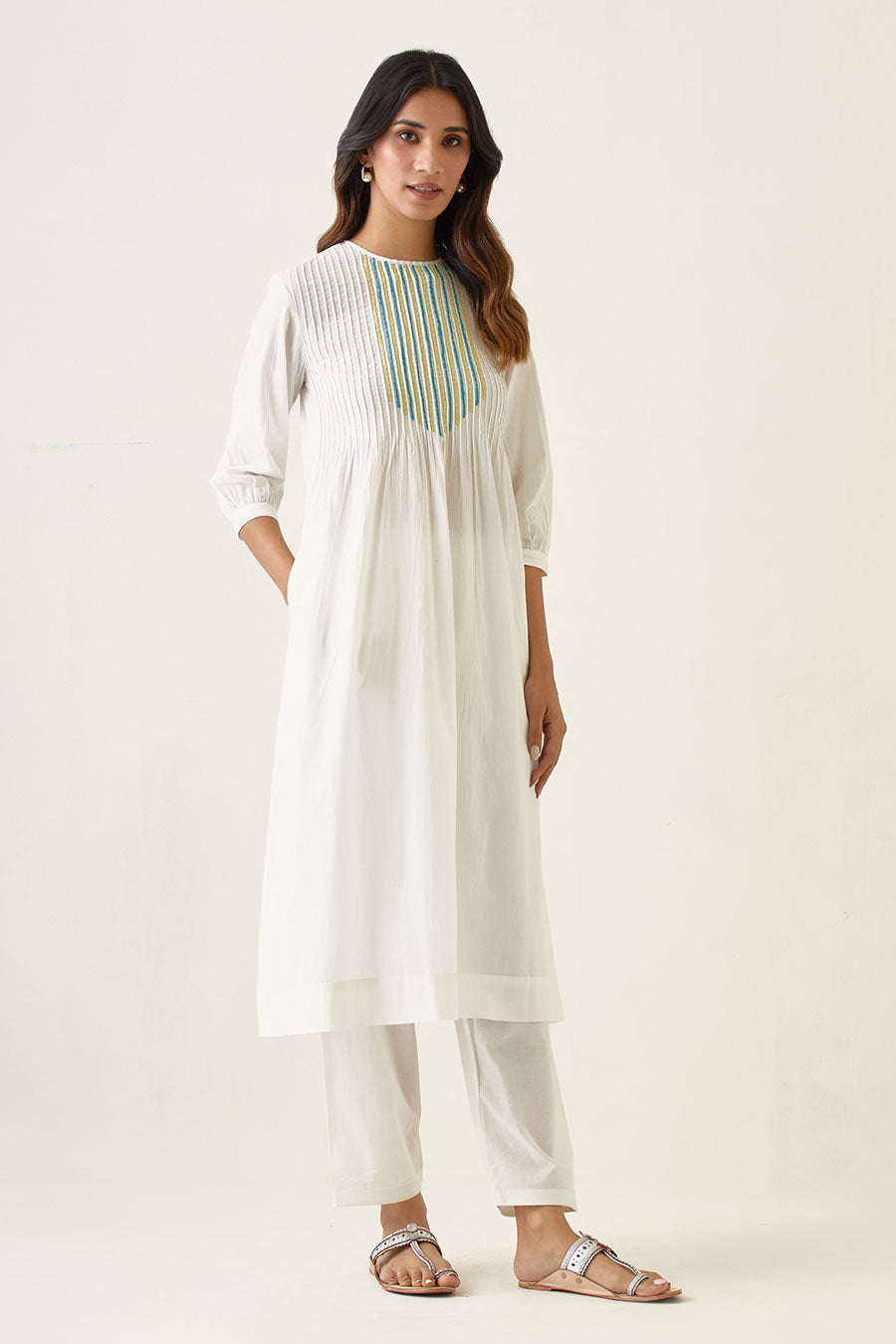 White Embroidered Pin Tucks Kurta & Salwar Set