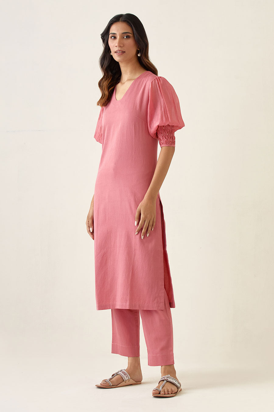 Rose Pink Smocked Kurta & Pant Set