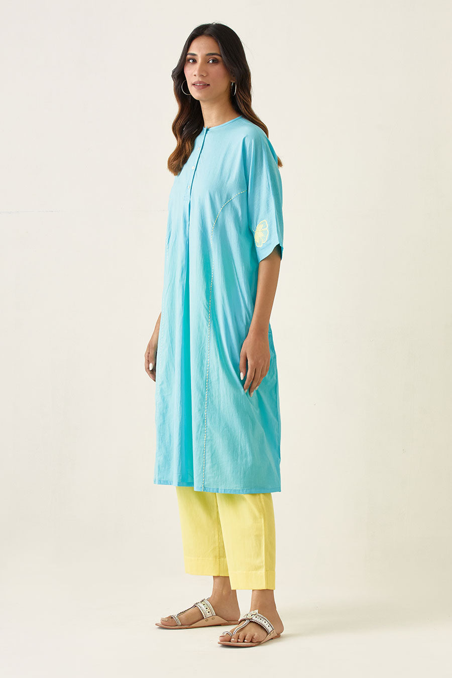 Blue Kaftan Style Embroidered Kurta with Yellow Pants Set