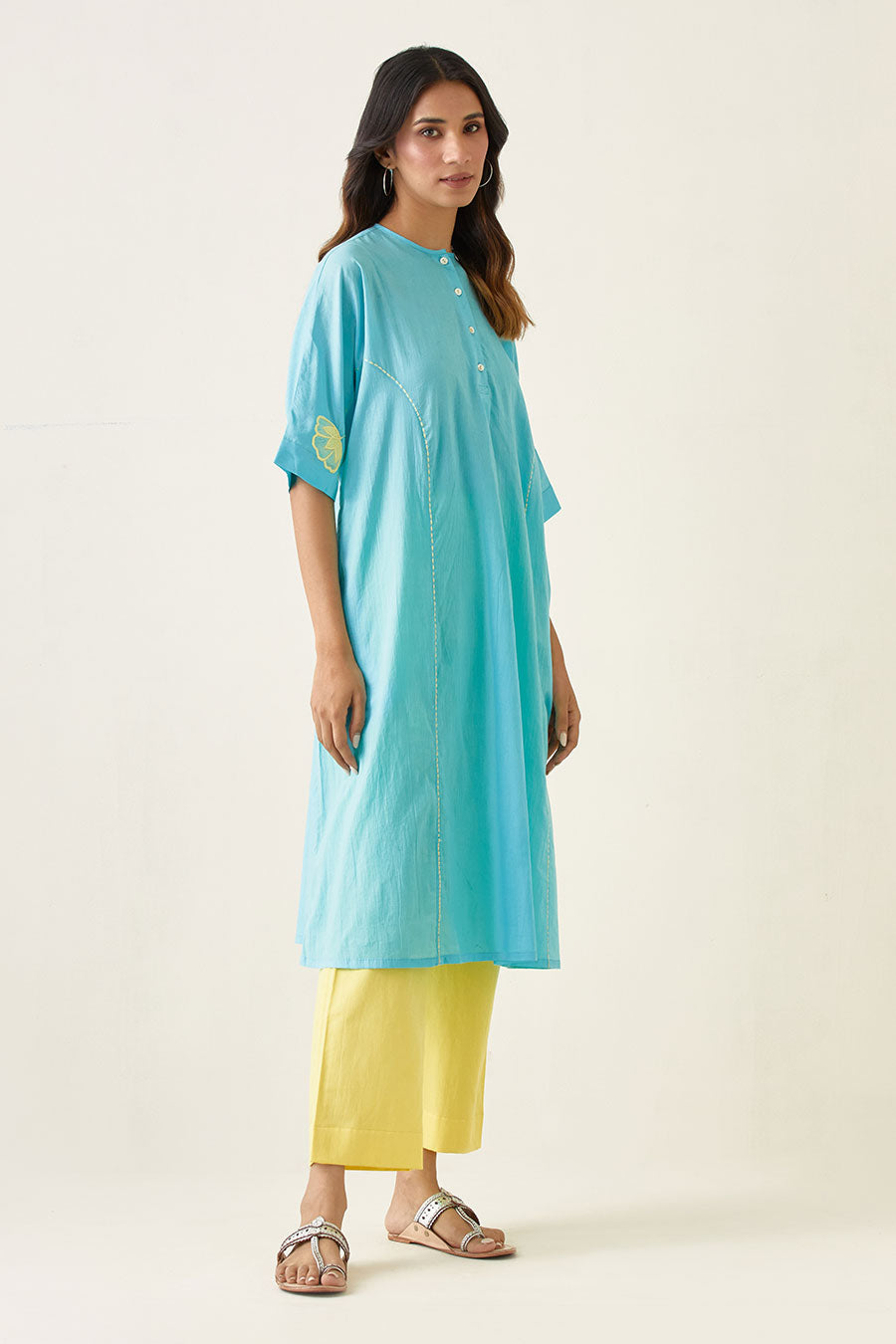 Blue Kaftan Style Embroidered Kurta with Yellow Pants Set