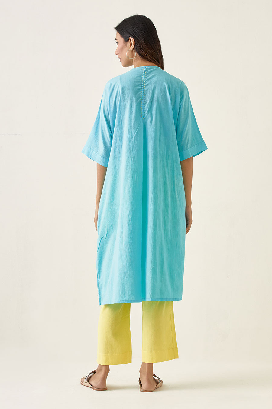 Blue Kaftan Style Embroidered Kurta with Yellow Pants Set