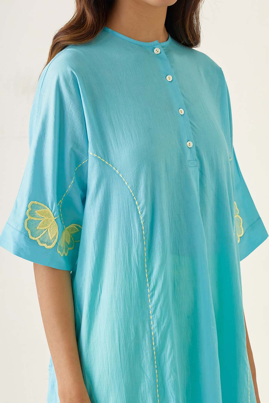 Blue Kaftan Style Embroidered Kurta with Yellow Pants Set