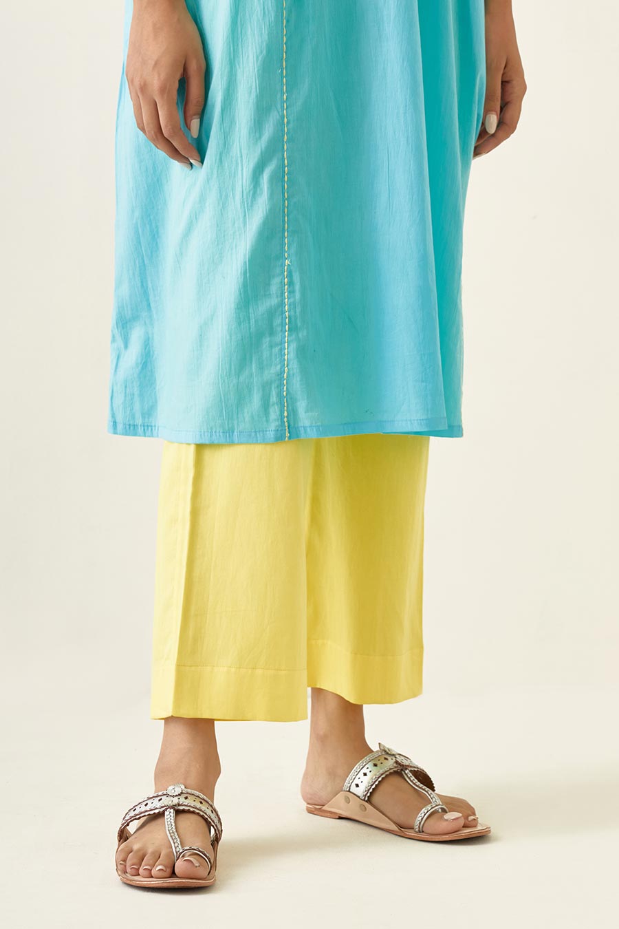 Blue Kaftan Style Embroidered Kurta with Yellow Pants Set