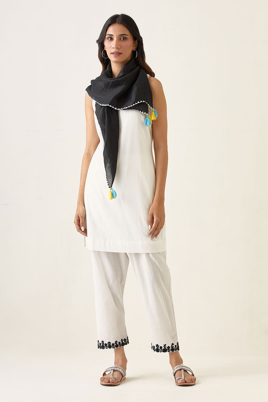 Short Kurta & Embroidered Salwar with Balck Scarf Set