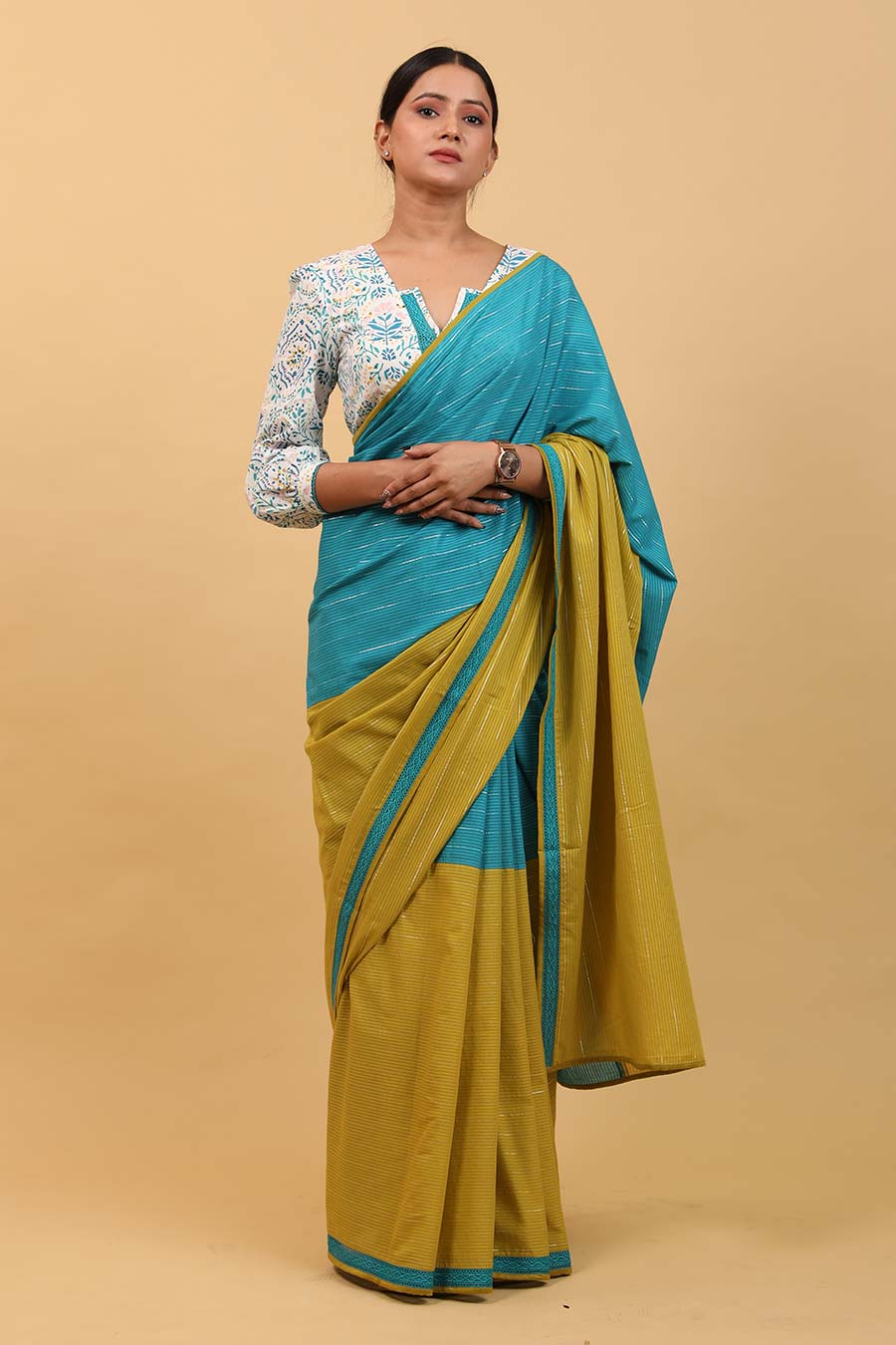 Colour Blocked Saree & Wrap Blouse Set