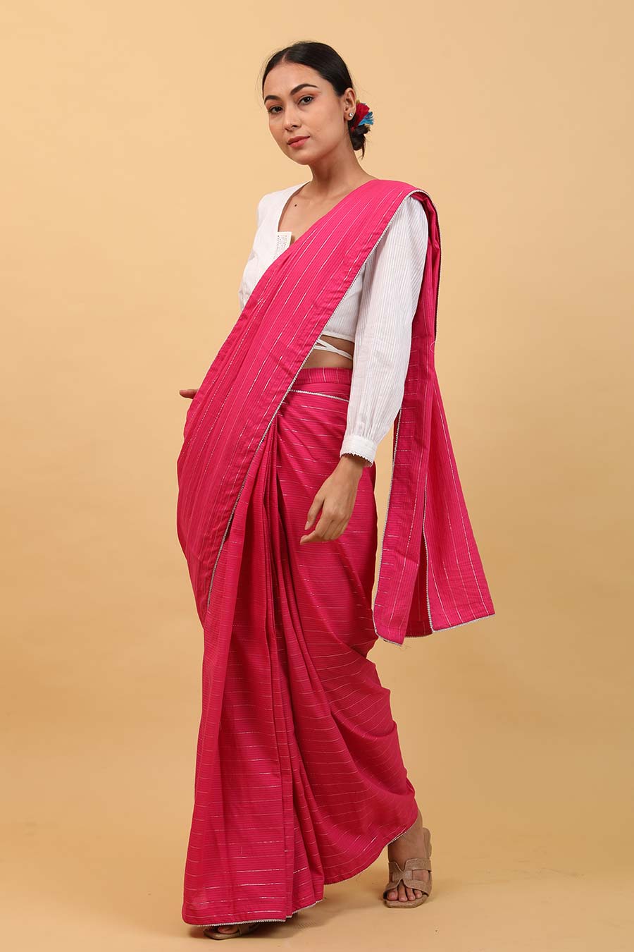 Pink Pre-stitched Saree and White Wrap Blouse Set